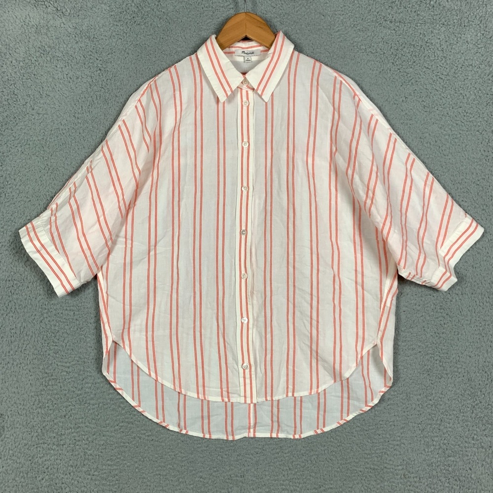 NWT Madewell Button-Up Shirt Womens Medium Bright Flame Oversized Pleated-Sleeve - Picture 2 of 11